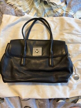 DKNY Black Leather Shoulder Bag with Silver Turn-Lock